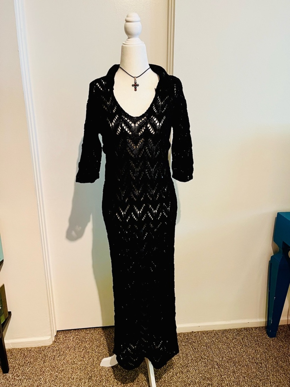 Black Crochet Dress with Collar by Velvet